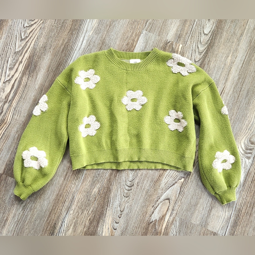 Luna Ivy Lime 3D Ivory Daisy Cropped Sweater Womens L Long Sleeve Retro Crew - Picture 6 of 13